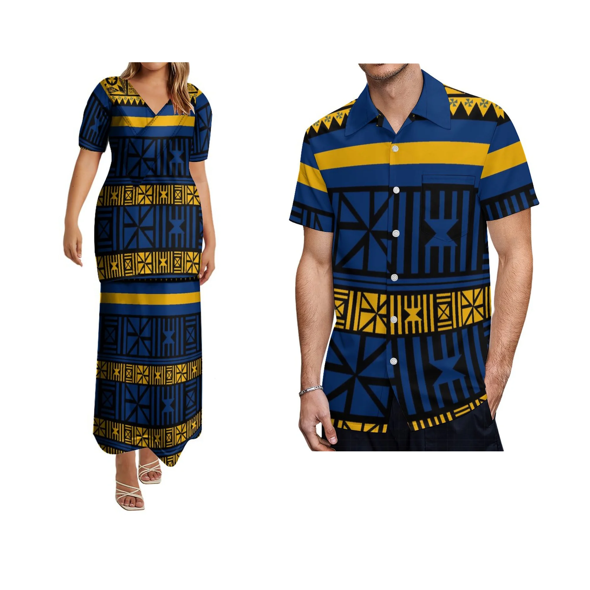 

Elegant V-Neck Double-Layer Suit Puletasi Long Dress With Men'S Shirt Printed Custom Pattern Polynesian Ethnic Tribal Style