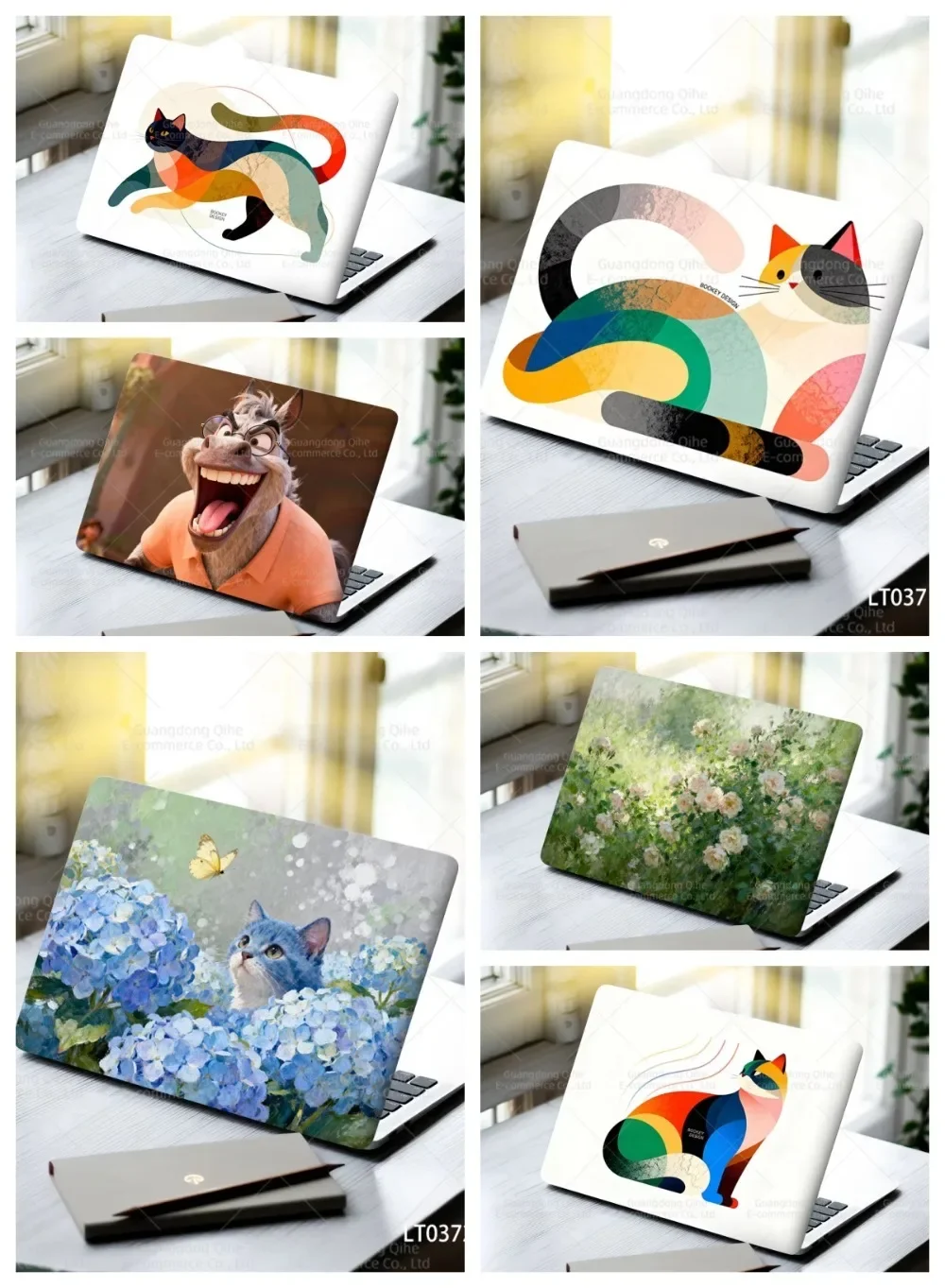 2pcs/Pack Watercolor Rose Laptop Stickers Self Adhesive Waterproof Anti Scratch Notebook Cover for Device Decor Blue Cat and H