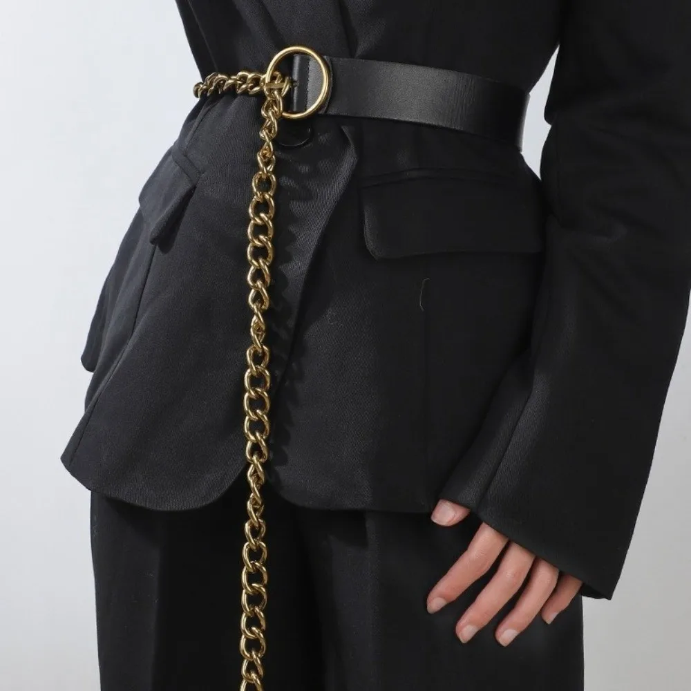 مشبك معدني بسيط من جلد البولي يوريثان، حزام نحيف من الجانب على الطراز الكوري، سلسلة خصر رفيعة، بدلة قابلة للتعديل، قميص سلسلة فستان مطابق