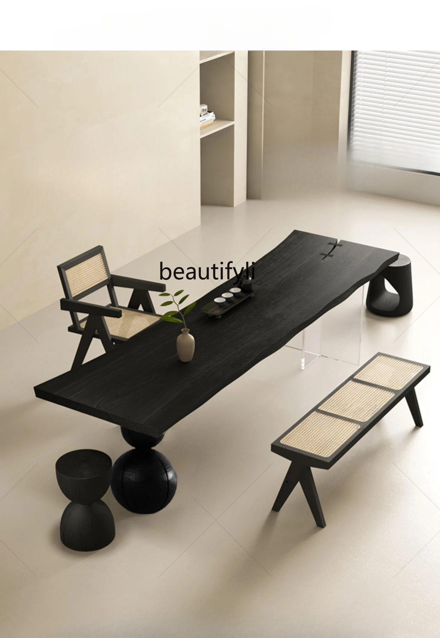 Silk Wind Carbonized Ash Wood Tea Table Tea Table Household Carbonized Black Whole Board Irregular Solid Wood Table-Chair Set