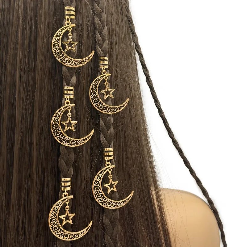 

5Pcs Boho Hollow Star Moon Dreadlock Hair Rings Set Hair Charms Dread Cuffs for Braids Festival Party Beach Vacation Best Gift