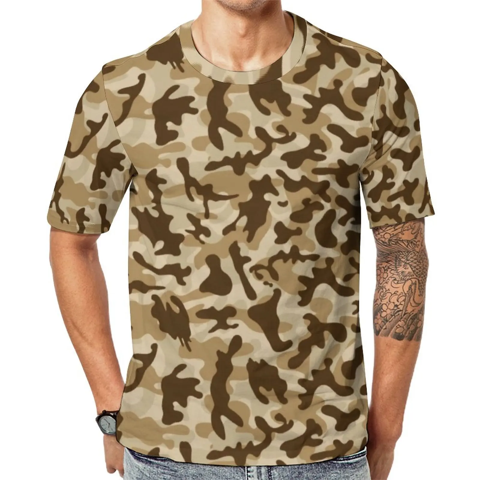 Men Trendy Desert Tan T-Shirt Camouflage Print Novelty T-Shirts Short-Sleeve Printed Tshirt Wholesale Original Plus Size Tees