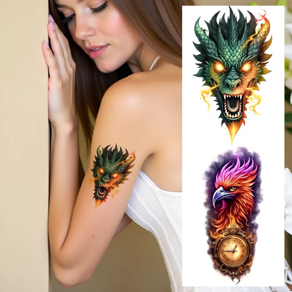 9pcs Temporary Tattoo Clock And Bird Tattoo Colorful Realism Octopus Tattoo Dragon Tattoo For Arms Men Thighs