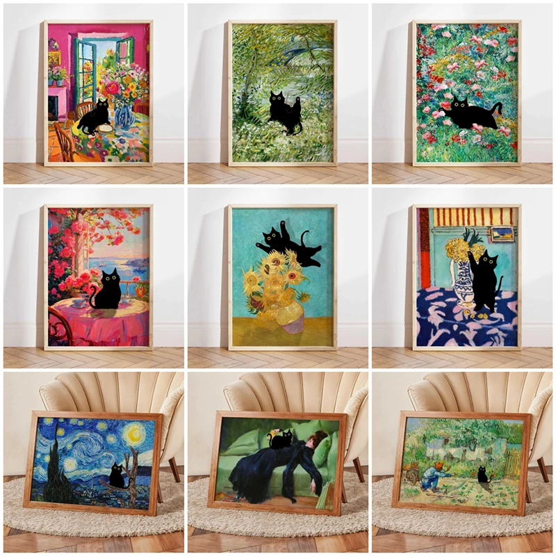 Black Cat Water Lily Art Print Funny Monet Style Poster Canvas Painting Whimsical Wall Art Picture for Home Decoration