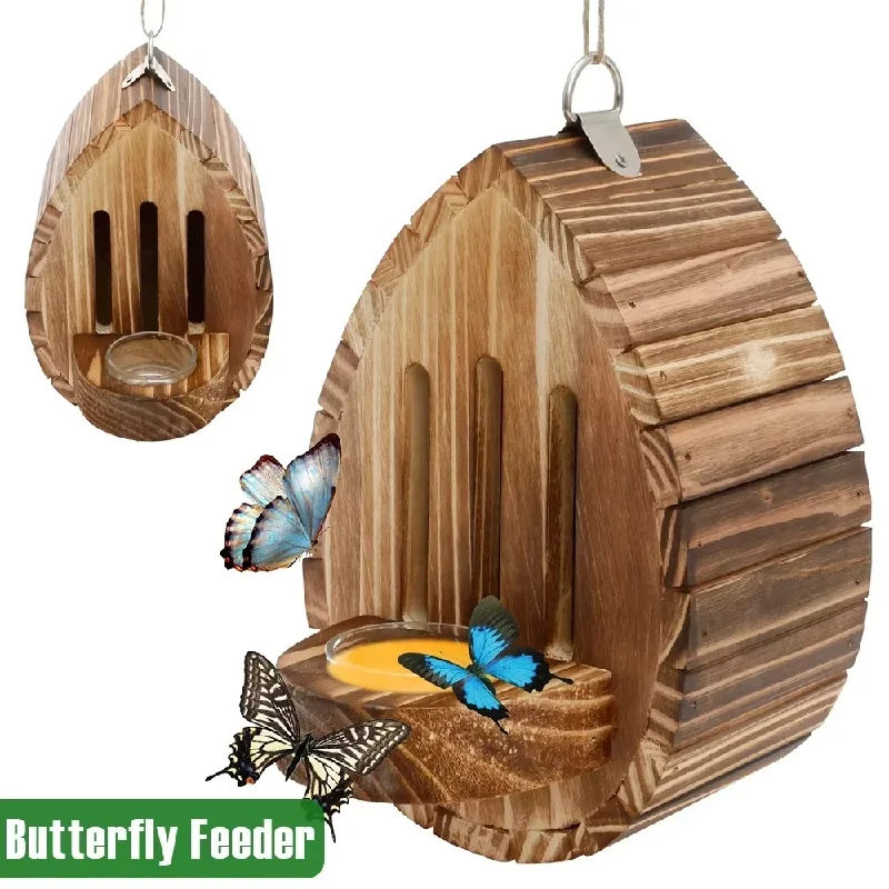 Hanging Wood Bee House Butterfly Feeder with Rope Decorative Bee Nesting Box Multifunctional Moth Habitat for Garden Balcony