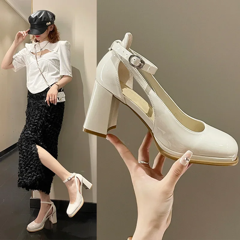 Women New Pumps Round Toe Shoes Ladies Thick High Heel Shoes Female Spring Summer Fashion Genuine Leather Shoes