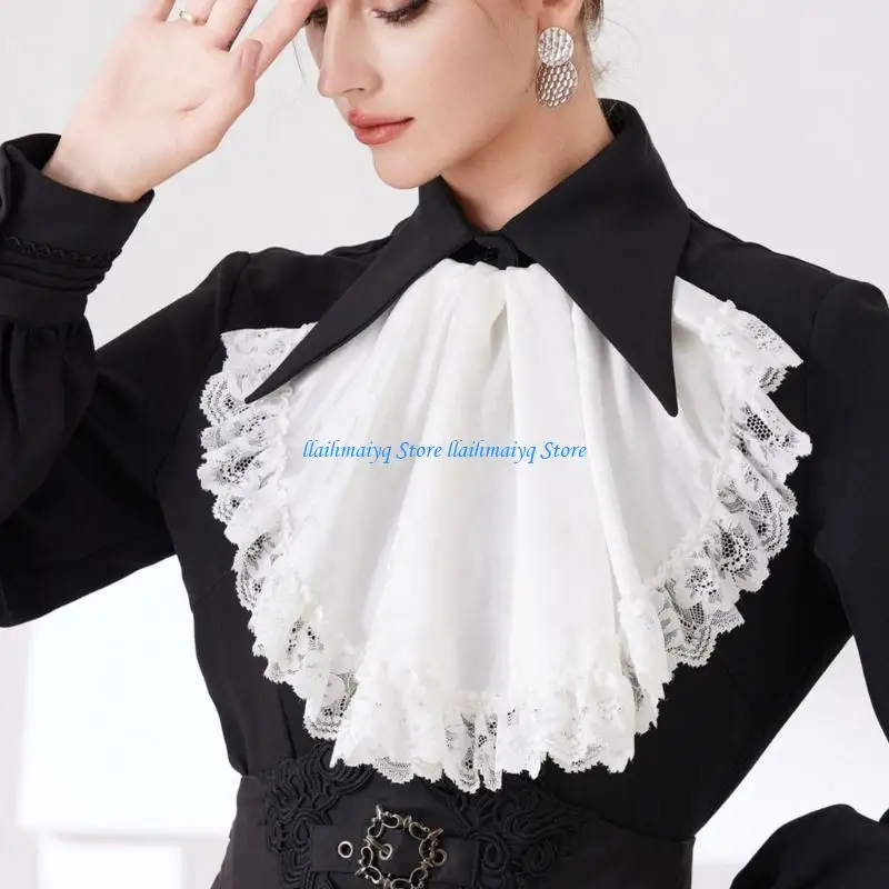573B Victorian Lace Drape Courtstyle Faux Collar Neckpiece Decorative Collar Neckwear for Fomal Event and Halloween Party