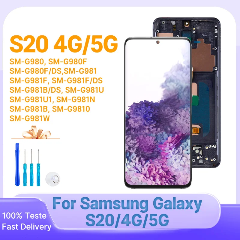 Pantalla Super AMOLED para Samsung Galaxy S20, repuesto de pantalla LCD SM-G980 SM-G981F, digitalizador de pantalla táctil con marco