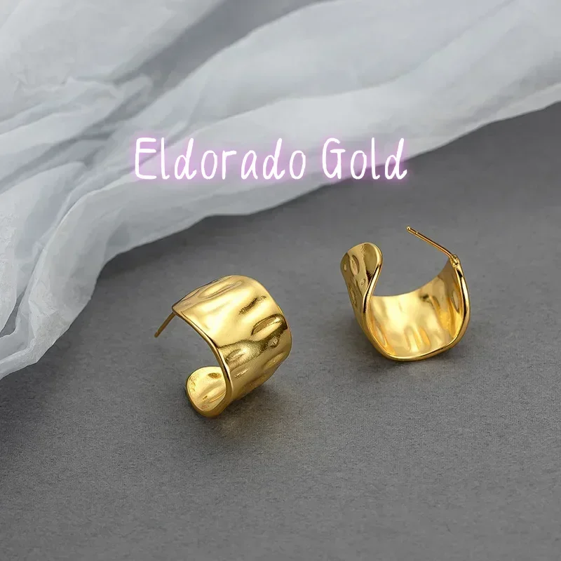Eldorado Gold  9999 Real Gold 24K Niche Design High-end Irregular Pleated C-type Stud Earrings Retro Lazy Style Irregular Metal