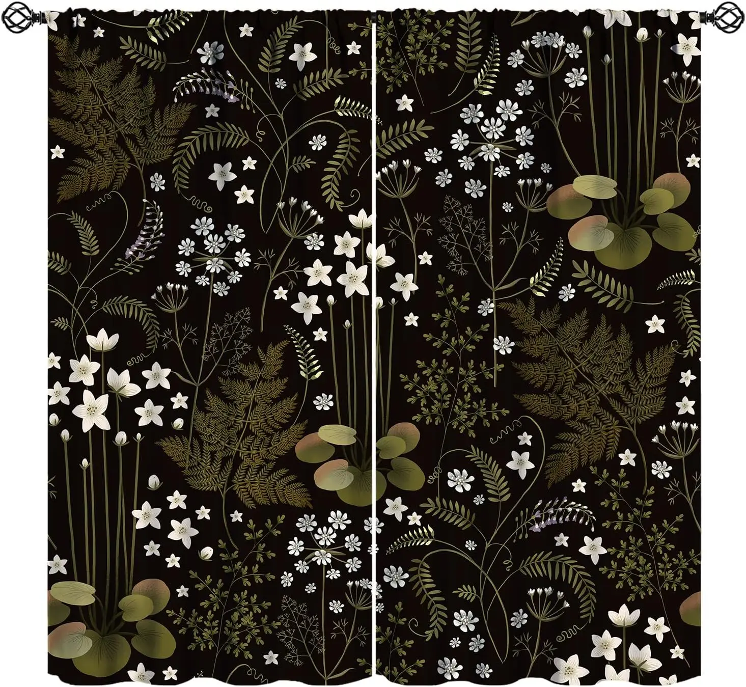 Dark Fern Floral Curtain 2 Panels, White Wild Flower Water Lily Fern Leaf Black Base Print, Drapes for Bedroom Boho Curtain