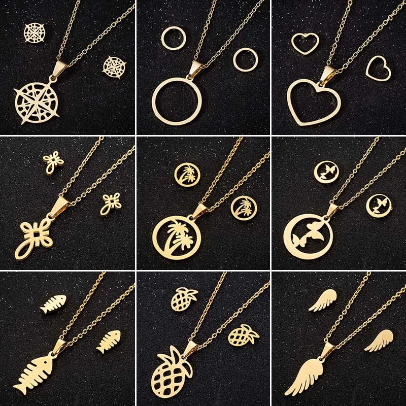 Trendige Schmetterlings-Tier-Halskette und Ohrringe, einfache runde Kokospalmen-Kompass-Flügel-Anhänger-Halsketten für Frauen, goldene Schmucksets
