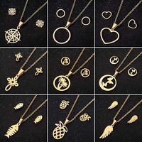 Trendy Butterfly Animal Necklace Earrings Simple Round Coconut Palm Compass Wings Charm Necklaces for Women Golden Jewelry Sets