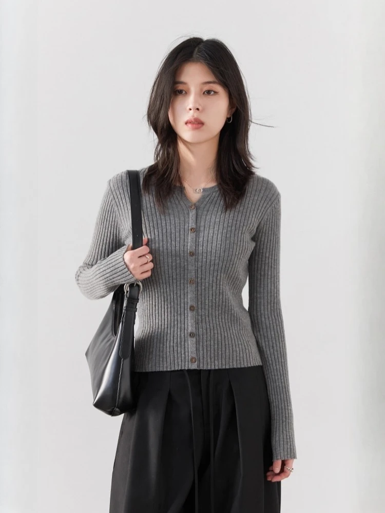 CHIC VEN 패션 여성 가디건 솔리드 슬림 뉴 브이넥 핏 스트라이프 니트 스웨터 콘트라스트 언더셔츠 봄 가을 2025