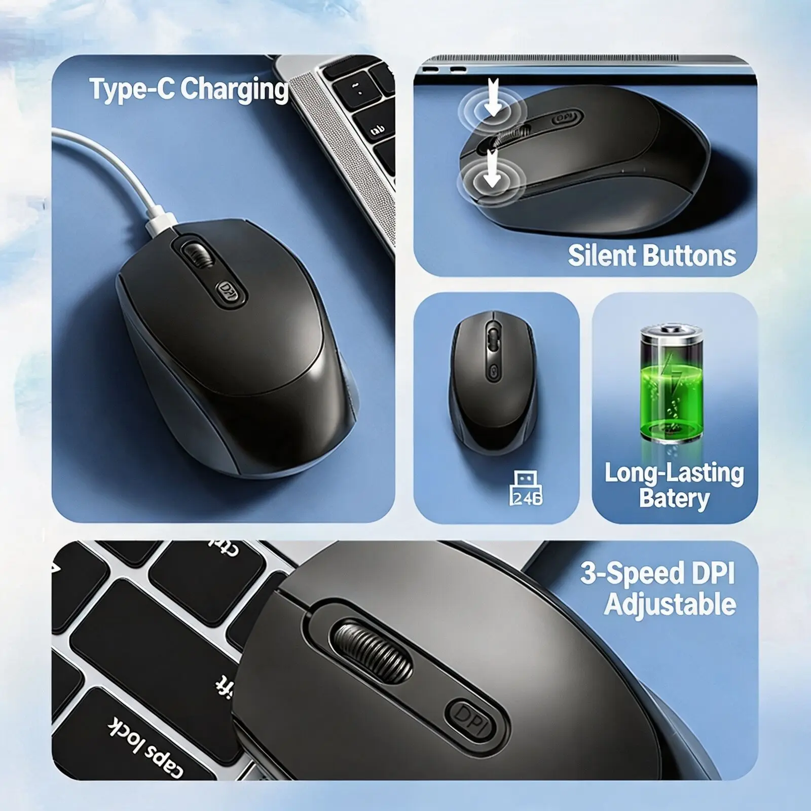 Rechargeable Wireless Mouse Silent 2.4G Bluetooth Ergonomic Mice 2000 DPI Portable USB Computer Mouse For Laptop PC Office Home