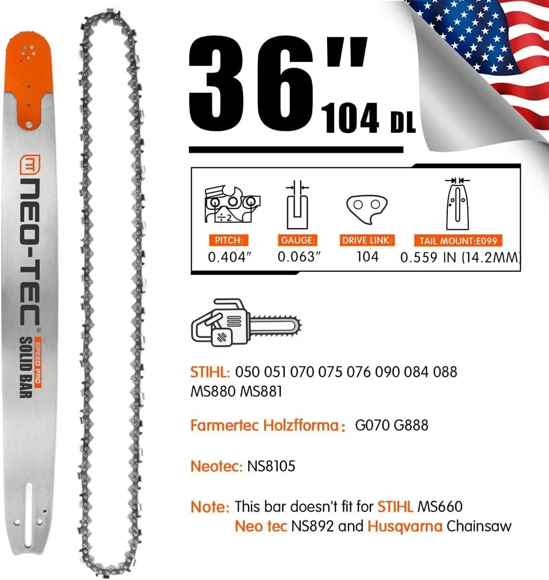 Neo-Tec 36 Inch Chainsaw Guide Bar Chain Combo 0.404 Chain Pitch 0.063 Gauge 104 Drive Links For Stihl 105Cc Ms070 Ns8105 G070