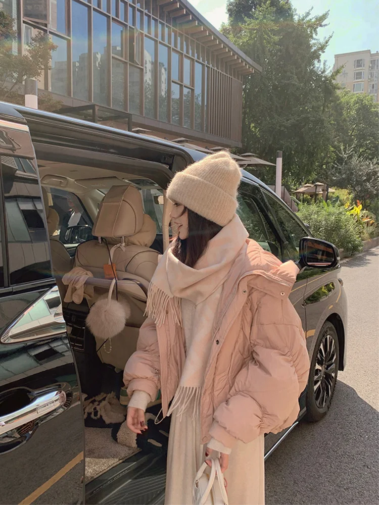 

Pink Hooded Du down Jaet 90 White Du Feather Thiened Winter New Sle Turtle Ba Milk Puff Bread Sle Women's Coat