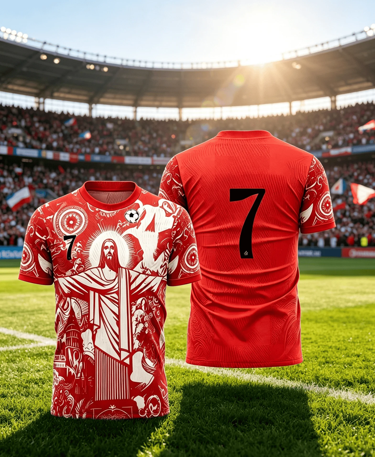 Maillot de football rouge n°7 à imprimé intégral motif créatif, maillot de sport pour le stade