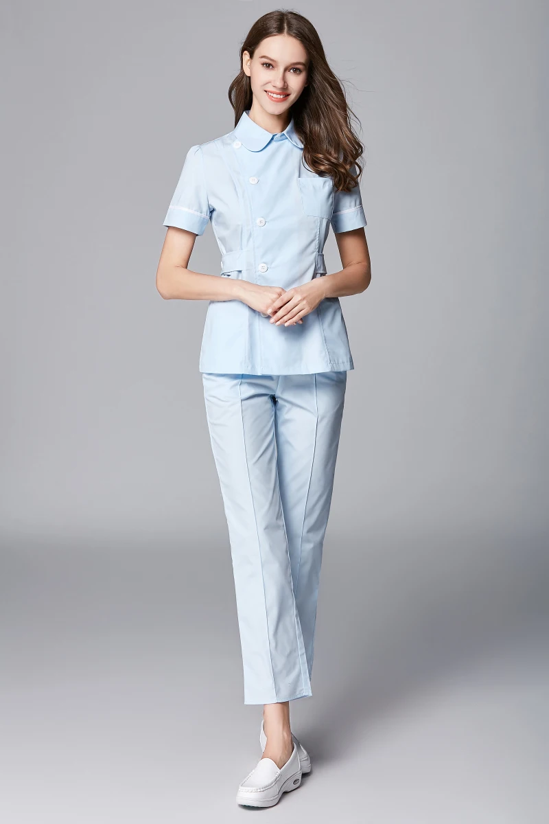 Botão lateral frontal abertura enfermeira uniforme verão manga curta simplicidade salão de beleza cuidados com a pele dental workwear topo + calça