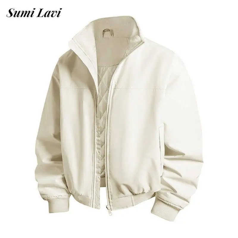 Daily Leisure Zip-up Outerwear Mens Vintge Solid Color Stand Collar Jacket Men Autumn Casual Pocketed Coats Men