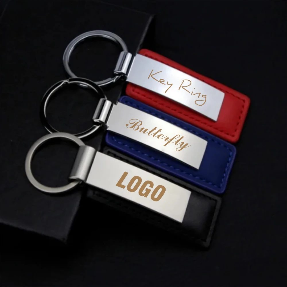 10Pcs Customized PU Leather Keychain For Men  Women Metal Car Logo Key Chain Pendant Gift Laser Engraving Retro Vintage Keyring
