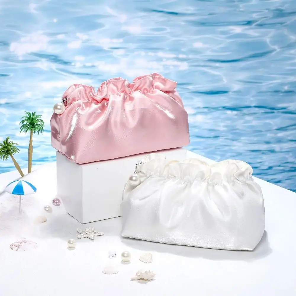 Soft Polyester Makeup Bag Shiny Surface Drawstring Closure Wash Bag Cloud Shape Wrinkle Fabric Storage Sack Travel
