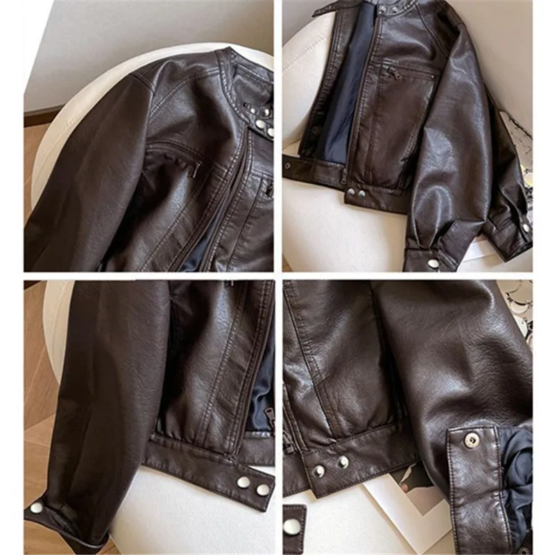 New Spring Autumn PU Leather Jacket Women Fashion Stand Collar Motorcycle Short Jackets Female Loose Leather Outwear Tide B1317