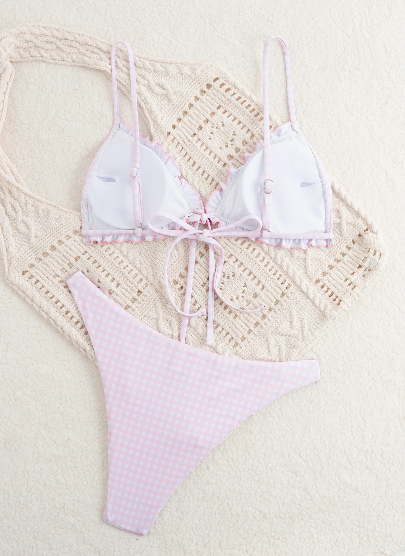 sexy pink plaid wrinkled front tie bikinis sets two pieces back tie swimsuits bathing suit swimwear biquini tankini trikini
