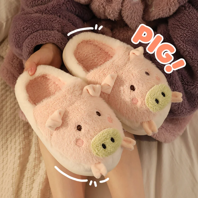 

Cotton Home Slippers For Women 2023 Winter Couple Cute Pigs Warm And Thick Soles Anti Slip Plush Household Slippers For Man