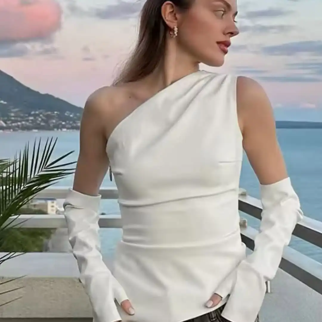 أزياء بلون المنحدر الكتف الجلود أعلى المرأة أكمام الخصر Cinching التخسيس بلوزات قصيرة سيدة اليومية أبلى غير رسمية