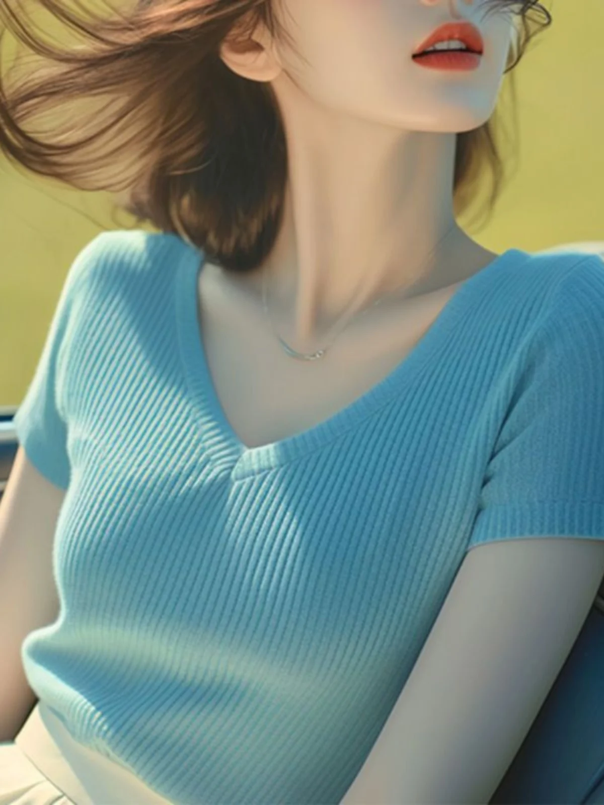 chic-versatile-beautiful-blue-knitted-short-sleeve-v-neck-t-shirt-women's-summer-fashionable-three-piece-set-shoulder-length