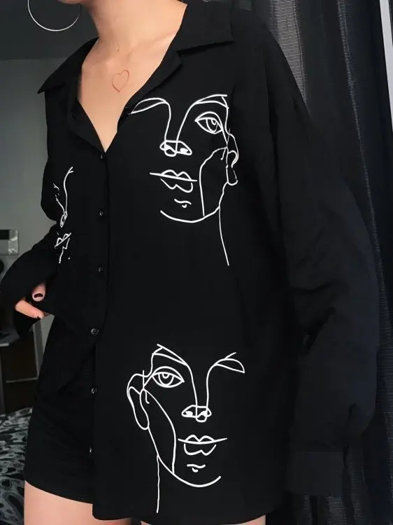 Csa hoada de manga larga con estampado de dibujos animados para mujer, blusa estampada de estilo urbano informal a la mo...