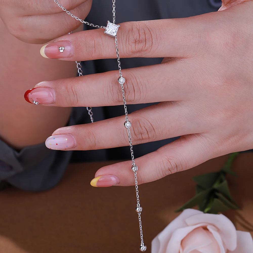 1Carat Princess Cut Full Moissanite Long Tassel Necklace 925 Sterling Silver Y Style Pendant Necklace Party Wedding Jewelry Gift