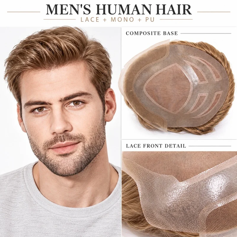Men's Human Hair Toupee Lace Front Mono PU Base Golden Brown Hair Replacement System Natural Look Crown Topper Hairpiece