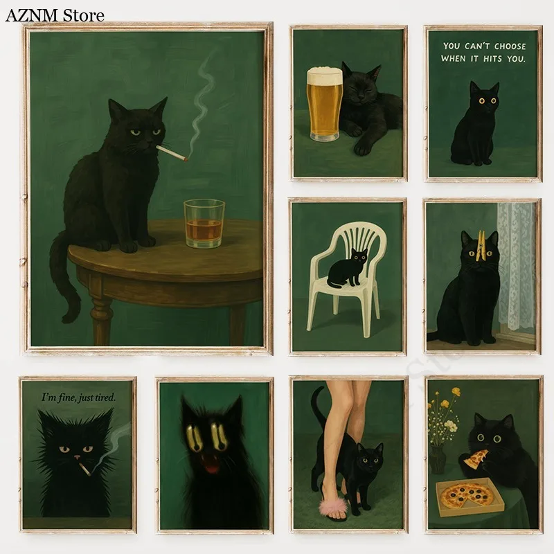 Stimmungsvolles Schwarzes Katzen-Poster mit Grünem Hintergrund, Rauchende Katzen mit Whiskey, Leinwanddruck, Dunkler Humor Wandkunst für Wohnzimmer und Heim-Dekoration