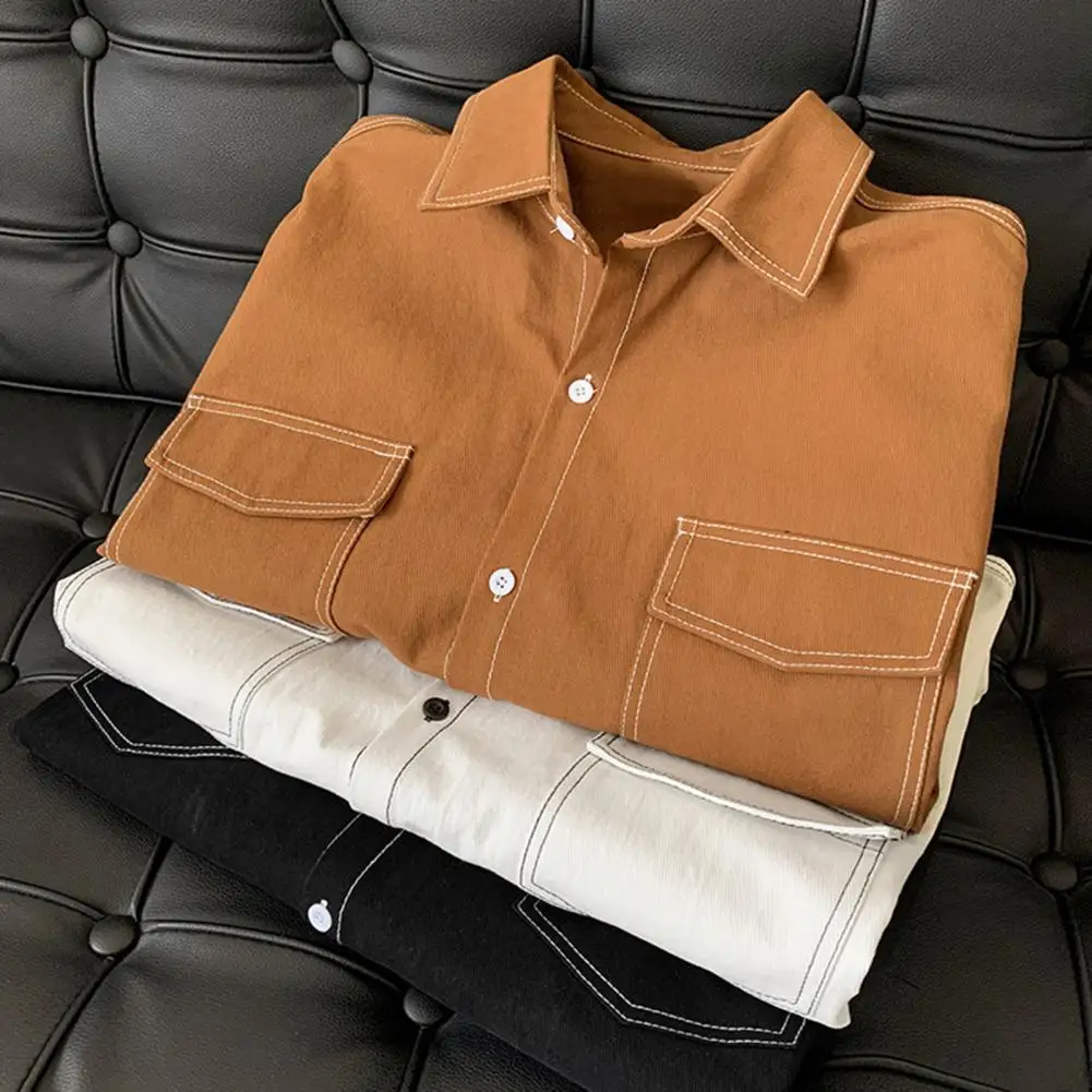 Fall Spring Men Shirt Loose Fit Japanese Style Single-breasted Lapel Half Sleeve Buttons Soft Breathable Mid Length Men Streetwe