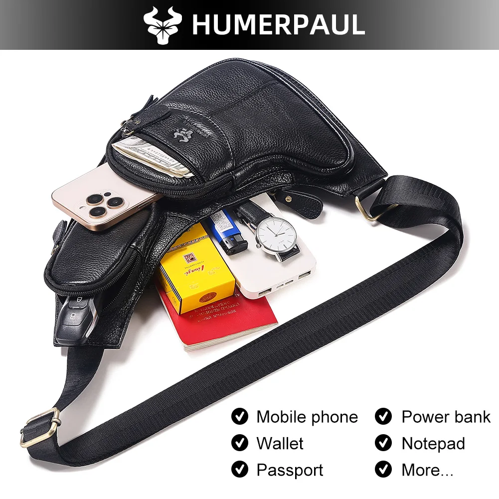 HUMERPAUL Men's Genuine Leather Chest Bag Trendy Sling Crossbody Waist Pack High-Quality Durable Outdoor Shoulder Bag