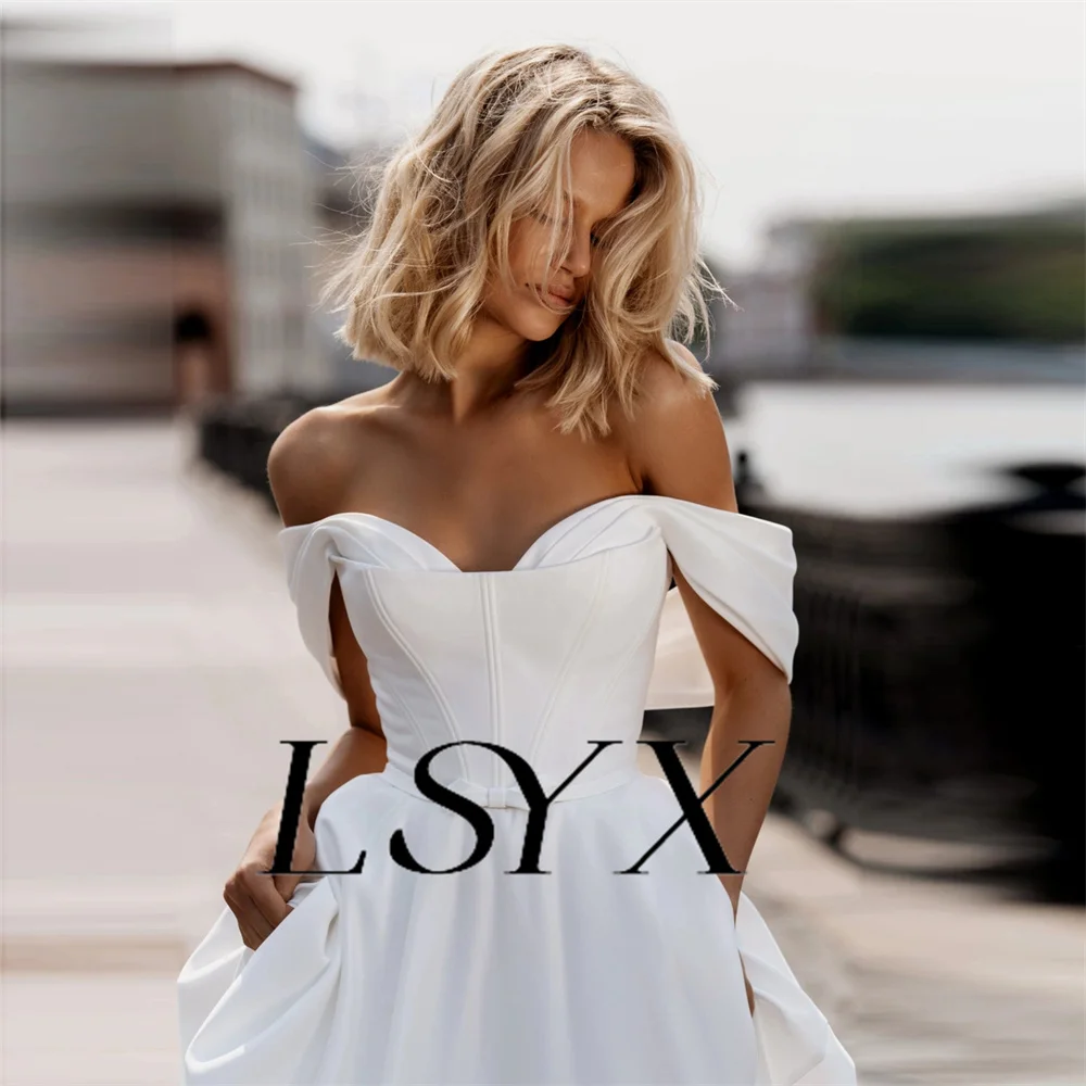 LSYX Off-Shoulder Pleats V-Neck Crepe A-Line Wedding Dress For Women Zipper Back Floor Length Bridal Gown Custom Msde