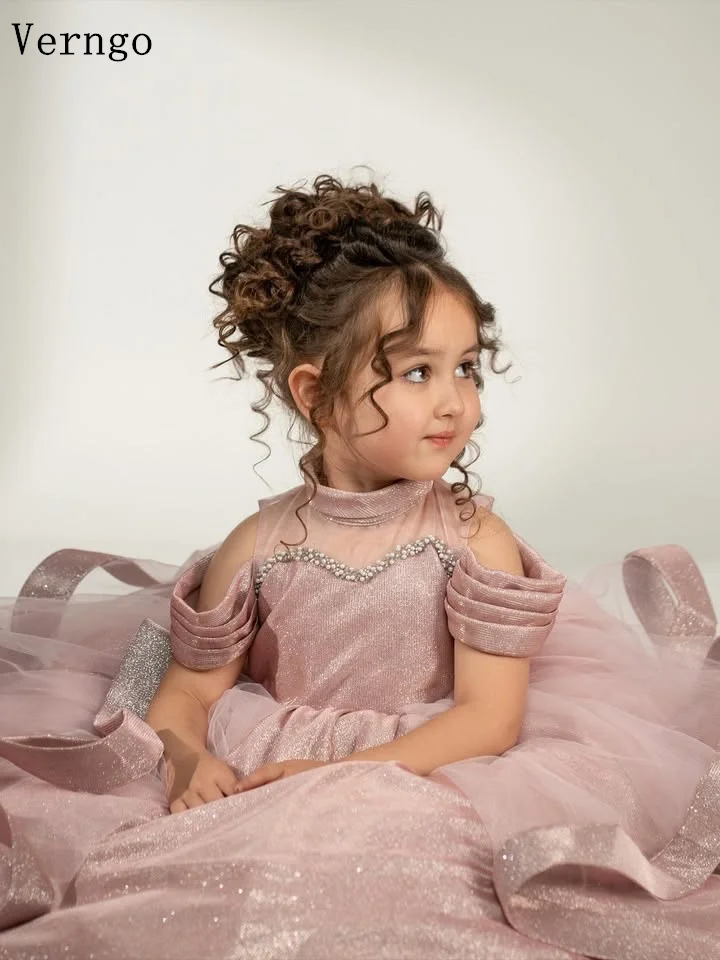 Verngo 핑크 샤이니 소녀 생일 파티 드레스 오프 숄더 라인 공주 꽃 드레스 연예인 키즈 파티 가운 맞춤형