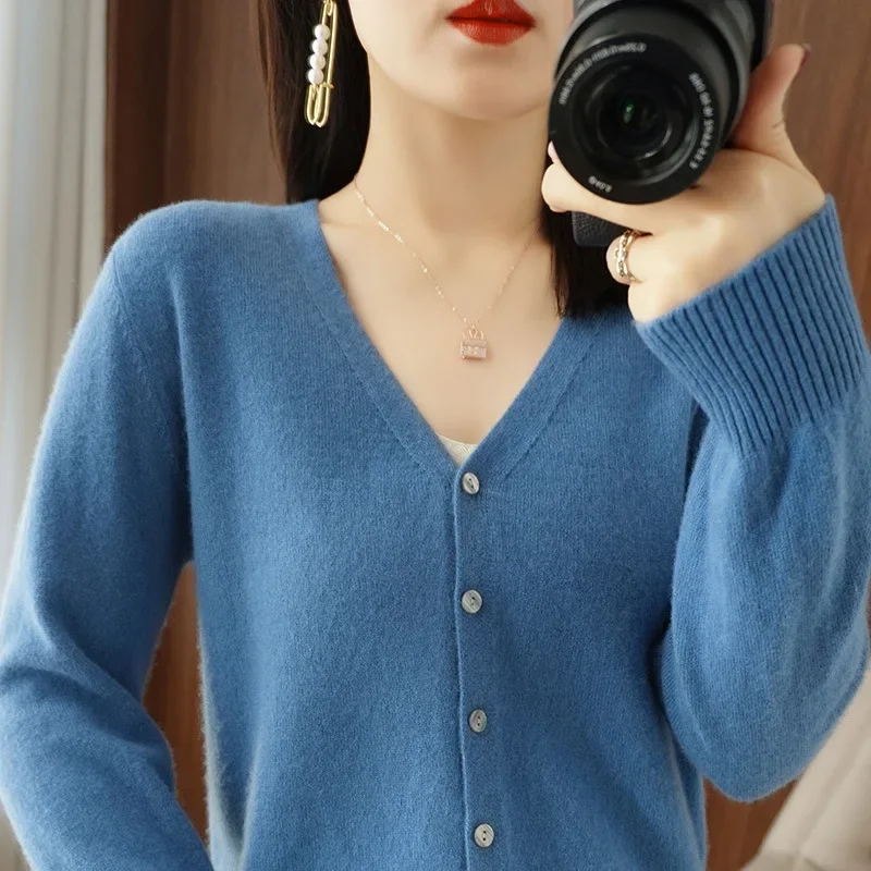 Spring Autumn Women Cardigans Single Breasted V-neck Solid Knitted Sweater Slim Female White Cardigans Casual Outerwear