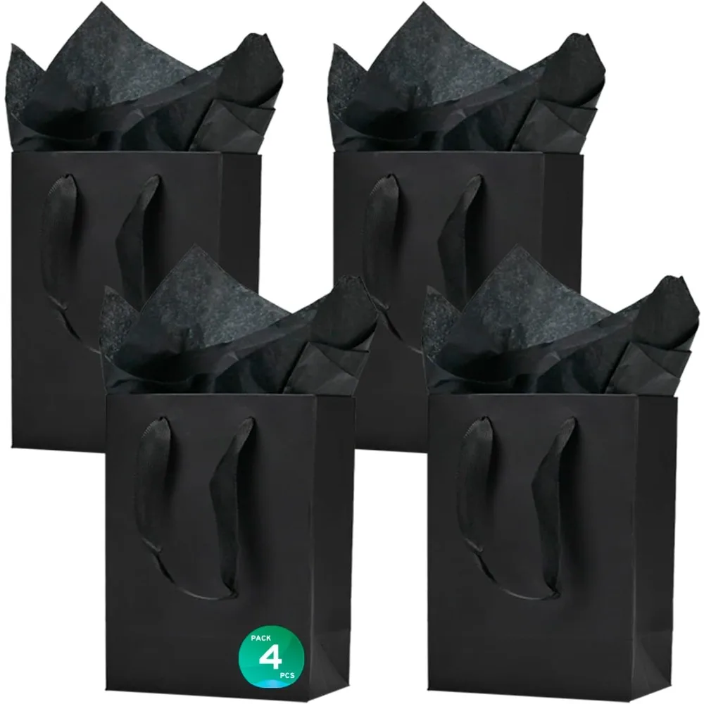 

4 Pack 5x3x8 In Black Gift Bags with Tissue Paper - Small Sturdy & Reusable Boutique Gift Bags with Ribbon Handles