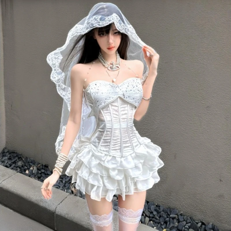 Summer White Y2k Mesh Women 2 Piece Set Rhinestone Ruffle Cake Skirt Suits Pure Desire Chic Party Gothic French Vintage Outfits