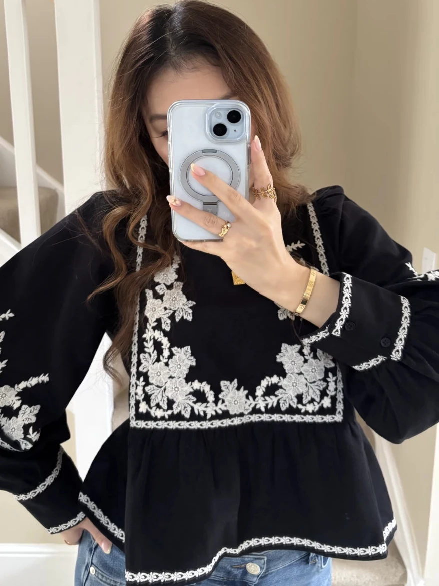 

Bla Cotton Bubble Sve round Ne Embroidered Heavy Floral irt Women's Commute Sle Cotton Long Sve irt HEIDD SE2025