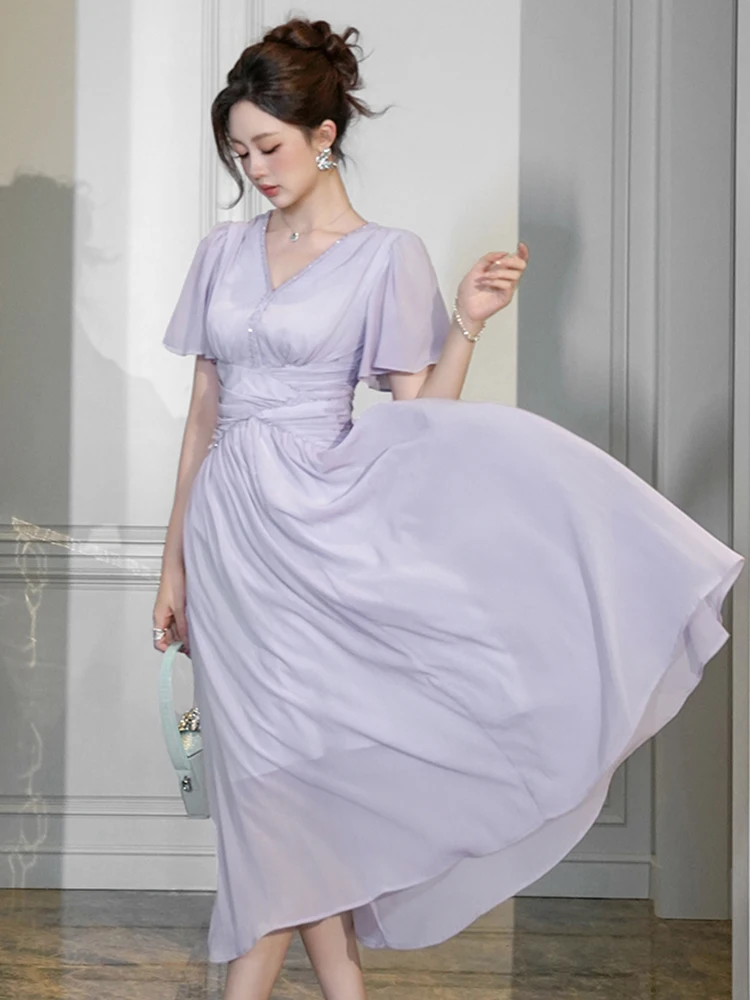 

New Summer Chiffon Purple V-Neck Slim Maxi Dress Women Elegant Short Sleeve A-Line Vestido Lady Clothes Party Dating Robe Casual