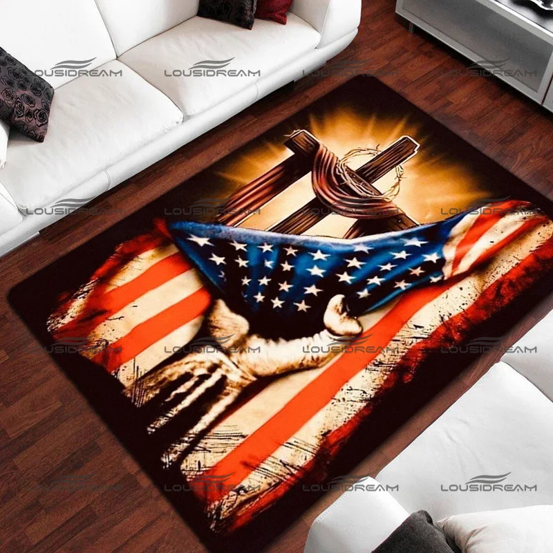 Square Flannel Tribute To Hero Carpet Holy Cross Stars and Stripes Pattern Rug Modern Home Living Room Floor Mats Bedroom Carpet