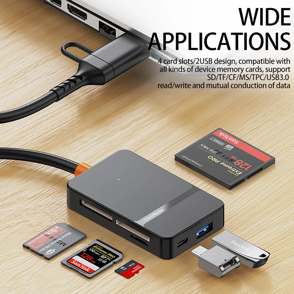 8-in-1 multifunctional Card Reader USB3.0 Hub TF/SD/MS/CF Memory Card Reader for iPhone Android phone