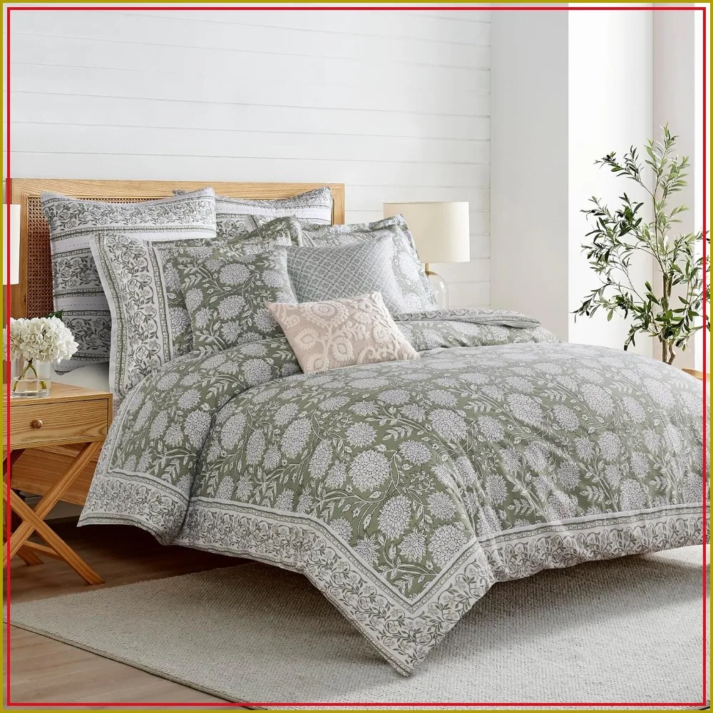 King Cotton Reversible Floral Comforter Set Sage White 106x94in