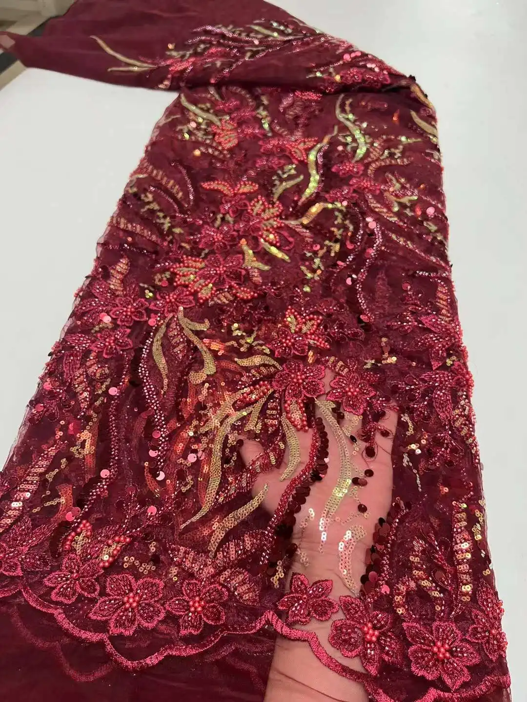 Dark Red Embroidered French African Sparkly Sequins Lace Fabric 10H-101308 For Women Party or Wedding Show Dress