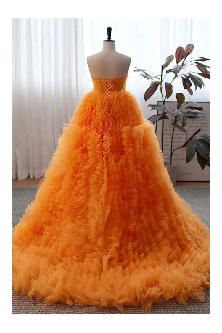 Vestido maxi laranja inchado para mulheres, ombro fora, vestidos longos em camadas, tule, linha, vestidos de formatura, mangas em camadas, sem encosto, festa