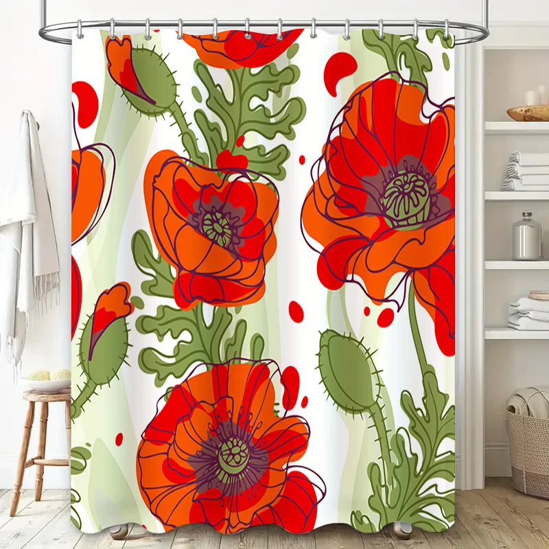 Vibrant Poppy Flower Shower Curtain Orange and Red Floral Bath Decor for Bathroom Polyester Fabric with Eyelets Ring Large Size