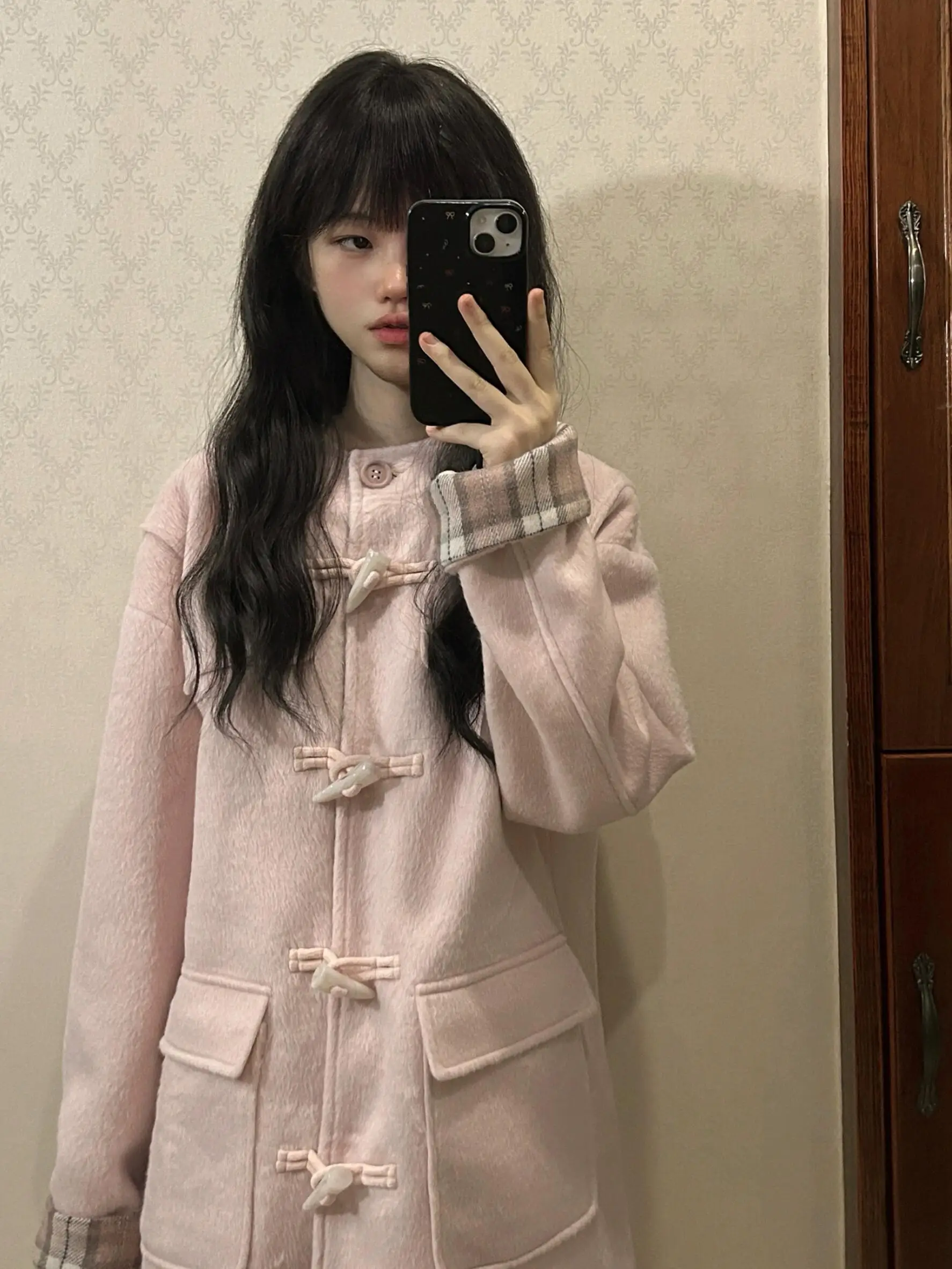 

Розовое шерстяное пальто в клетку с вставками, женское, осенне-зимнее, в корейском стиле, средней длины, в студенческом стиле, милое шерстяное пальто-жакет